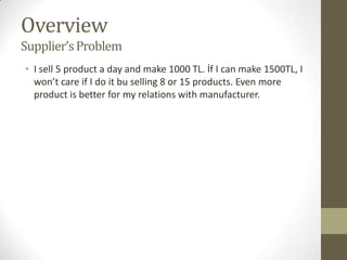 Overview
Supplier’s Problem
• I sell 5 product a day and make 1000 TL. İf I can make 1500TL, I
  won’t care if I do it bu selling 8 or 15 products. Even more
  product is better for my relations with manufacturer.
 