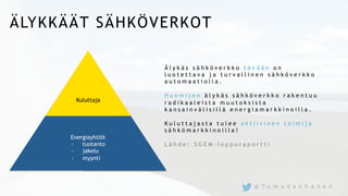 ÄLYKKÄÄT SÄHKÖVERKOT
Ä l y k ä s s ä h k ö v e r k k o t ä n ä ä n o n
l u o t e t t a v a j a t u r v a l l i n e n s ä h k ö v e r k k o
a u t o m a a t i o l l a .
H u o m i s e n ä l y k ä s s ä h k ö v e r k k o r a k e n t u u
r a d i k a a l e i s t a m u u t o k s i s t a
k a n s a i n v ä l i s i l l ä e n e r g i a m a r k k i n o i l l a .
K u l u t t a j a s t a t u l e e a k t i i v i n e n t o i m i j a
s ä h k ö m a r k k i n o i l l a !
L ä h d e : S G E M - l o p p u r a p o r t t i
Sähkön
myyjä
Sähkön
tuottaja
Kuluttaja
Energiayhtiöt
-  tuotanto
-  jakelu
-  myynti
@ T u m u V a n h a n e n
 