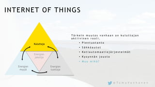 INTERNET OF THINGS
T ä r k e i n m u u t o s v a n h a a n o n k u l u t t a j a n
a k t i i v i n e n r o o l i .
•  P i e n t u o t a n t o
•  S ä h k ö a u t o t
•  K o t i a u t o m a a t i o j ä r j e s t e l m ä t
•  K y s y n n ä n j o u s t o
•  M u u m i k ä ?
Energian
myyjä
Energian
tuottaja
Kuluttaja
@ T u m u V a n h a n e n
 
