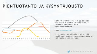 PIENTUOTANTO JA KYSYNTÄJOUSTO
S ä h k ö m a r k k i n o i l l a o n j o t ä n ä ä n
e r i l a i s i a m a r k k i n a m e k a n i s m e j a
j o u s t o n k a u p a l l i s e l l e
h y ö d y n t ä m i s e l l e .
E n t ä h u o m e n n a ?
I t s e t u o t e t u n s ä h k ö n v o i m y y d ä
v e r k k o o n , m u t t a k a n n a t t a v u u t t a e i
v o i l a s k e a s e n v a r a a n .
?
@ T u m u V a n h a n e n
 