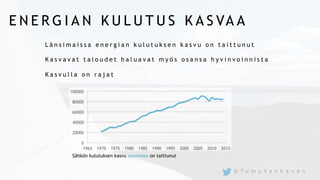 E N E R G I A N K U L U T U S K A S VA A
L ä n s i m a i s s a e n e r g i a n k u l u t u k s e n k a s v u o n t a i t t u n u t
K a s v a v a t t a l o u d e t h a l u a v a t m y ö s o s a n s a h y v i n v o i n n i s t a
K a s v u l l a o n r a j a t
Sähkön kulutuksen kasvu suomessa on taittunut
@ T u m u V a n h a n e n
 