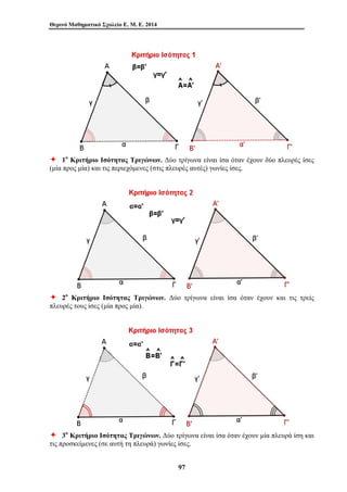 Θερινό Μαθηματικό Σχολείο Ε. Μ. Ε. 2014 
Ø 1ο Κριτήριο Ισότητας Τριγώνων. Δύο τρίγωνα είναι ίσα όταν έχουν δύο πλευρές ίσες 
(μία προς μία) και τις περιεχόμενες (στις πλευρές αυτές) γωνίες ίσες. 
Ø 2ο Κριτήριο Ισότητας Τριγώνων. Δύο τρίγωνα είναι ίσα όταν έχουν και τις τρείς 
πλευρές τους ίσες (μία προς μία). 
Ø 3ο Κριτήριο Ισότητας Τριγώνων. Δύο τρίγωνα είναι ίσα όταν έχουν μία πλευρά ίση και 
τις προσκείμενες (σε αυτή τη πλευρά) γωνίες ίσες. 
97 
 