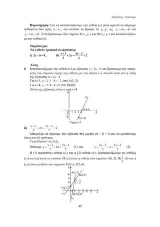 Εξισώσεις - Τριώνυμο 
Παρατήρηση: Για να κατασκευάσουμε την ευθεία (ε) είναι αρκετό να πάρουμε 
αυθαίρετα δύο τιμές 1 2 x , x , και κατόπιν να βρούμε τα y1, y2 ως y1 = αx1 + β και 
2 2 y = αx + β . Έτσι βρίσκουμε δύο σημεία Α( 1 1 x ,y ) και Β( 2 2 x ,y ) και κατασκευάζου- 
με την ευθεία (ε). 
Παράδειγμα. 
Να λυθούν γραφικά οι εξισώσεις: 
i) 2x − 8 = 0 , ii) x + 1 + 2x − 
= 3x 2 + 
2 
2 2 
= + = (1) και y 3x 2 2 3x 2 
49 
Λύση 
i) Κατασκευάζουμε την ευθεία (ε) με εξίσωση y = 2x − 8 και βρίσκουμε την τετμη- 
μένη του σημείου τομής της ευθείας με τον άξονα x´x που θα είναι και η λύση 
της εξίσωσης 0 = 2x − 8 
Για x=3, y = 2 ⋅3 − 8 = −2 έτσι Α(3,-2) 
Για x=4, y = 2 ⋅ 4 − 8 = 0 έτσι B(4,0) 
Λύση της εξίσωσης είναι η τιμή x=4 
Σχήμα 2 
ii) x + 1 − 
+ 2x = 3x 2 + 
2 
2 2 
Μπορούμε να φέρουμε την εξίσωση στη μορφή αx + β = 0 και να εργαστούμε 
όπως στο (i) ερώτημα. 
Εργαζόμαστε ως εξής: 
Θέτουμε y x + 1 2x 5x + 
1 
2 2 
− + 
= + = (2) 
2 2 
Η (1) παριστάνει ευθεία (ε1) και η (2) ευθεία (ε2). Κατασκευάζουμε τις ευθείες 
(ε1) και (ε2) κατά τα γνωστά. Η (ε1) είναι η ευθεία των σημείων Α(1,3), Β( 1 
2 
,0) και η 
(ε2) είναι η ευθεία των σημείων Γ(0,1), Δ(2,4). 
 