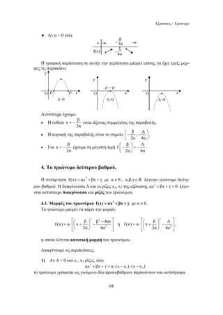 Εξισώσεις - Τριώνυμο 
= − είναι άξονας συμμετρίας της παραβολής. 
= − έχουμε τη μέγιστη τιμή f β Δ 
⎡⎛ ⎞ − ⎤ = ⋅ ⎢⎜ + ⎟ − ⎥ 
f (x) α x β β 4αγ 
68 
♦ Αν α  0 τότε 
Η γραφική παράσταση σε αυτήν την περίπτωση μπορεί επίσης να έχει τρείς μορ- 
φές τις παρακάτω: 
Αντίστοιχα έχουμε: 
• Η ευθεία x β 
2α 
• Η κορυφή της παραβολής είναι το σημείο β , Δ 
⎛− − ⎞ ⎜ ⎝ 2α 4α 
⎟ 
⎠ 
. 
• Για x β 
2α 
⎛− ⎞ = − ⎜ ⎟ 
⎝ ⎠ 
2α 4α 
. 
4. Το τριώνυμο δεύτερου βαθμού. 
Η συνάρτηση f (x) = αx2 +βx + γ με α ≠ 0 , α,β,γ∈R λέγεται τριώνυμο δεύτε- 
ρου βαθμού. Η διακρίνουσα Δ και οι ρίζες x1, x2 της εξίσωσης αx2 +βx + γ = 0 λέγο- 
νται αντίστοιχα διακρίνουσα και ρίζες του τριώνυμου. 
4.1. Μορφές του τριωνύμου f (x) = αx2 + βx + γ με α ≠ 0. 
Το τριώνυμο μπορεί να πάρει την μορφή: 
2 2 
2 
2α 4α 
⎢⎣⎝ ⎠ ⎥⎦ 
ή 
⎡⎛ ⎞ 2 
⎤ = ⋅ ⎢⎜ + ⎟ − ⎥ 
2 
f (x) α x β Δ 
2α 4α 
⎢⎣⎝ ⎠ ⎥⎦ 
, 
η οποία λέγεται κανονική μορφή του τριωνύμου. 
Διακρίνουμε τις περιπτώσεις: 
1) Αν Δ  0 και x1, x2 ρίζες, τότε 
2 
1 2 αx +βx + γ = α ⋅ (x − x ) ⋅ (x − x ) 
το τριώνυμο γράφεται ως γινόμενο δύο πρωτοβάθμιων παραγόντων και αντίστροφα. 
 