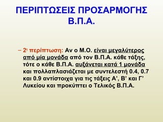 ΠΕΡΙΠΤΩΣΕΙΣ ΠΡΟΣΑΡΜΟΓΗΣ
Β.Π.Α.
– 2η
περίπτωση: Αν ο Μ.Ο. είναι μεγαλύτερος
από μία μονάδα από τον Β.Π.Α. κάθε τάξης,
τότε ο κάθε Β.Π.Α. αυξάνεται κατά 1 μονάδα
και πολλαπλασιάζεται με συντελεστή 0.4, 0.7
και 0.9 αντίστοιχα για τις τάξεις Α’, Β’ και Γ’
Λυκείου και προκύπτει ο Τελικός Β.Π.Α.
 