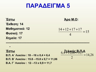 ΠΑΡΑΔΕΙΓΜΑ 5
Έστω Άρα Μ.Ο:
Έκθεση: 14
Μαθηματικά: 12
Φυσική: 17
Χημεία: 17
------------------------------------------------------------------------------
-
Έστω Τελικός Β.Π.Α
Β.Π. Α΄ Λυκείου : 18→16 x 0,4 = 6,4
Β.Π. Β΄ Λυκείου : 15.8→15.8 x 0,7 = 11,06
Β.Α. Γ΄ Λυκείου : 12→13 x 0,9 = 11,7
15
4
17171214
=
+++
26,14
2
7,1106,114,6
=
++
 