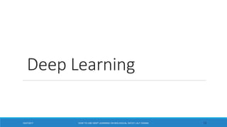 Deep Learning
1912/27/2017 HOW TO USE DEEP LEARNING ON BIOLOGICAL DATA? | ALY OSAMA
 