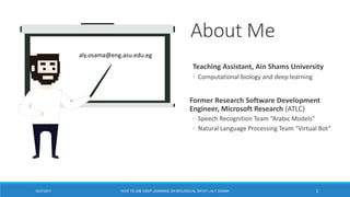 12/27/2017 HOW TO USE DEEP LEARNING ON BIOLOGICAL DATA? | ALY OSAMA 2
Teaching Assistant, Ain Shams University
◦ Computational biology and deep learning
Former Research Software Development
Engineer, Microsoft Research (ATLC)
◦ Speech Recognition Team “Arabic Models”
◦ Natural Language Processing Team “Virtual Bot”
About Me
aly.osama@eng.asu.edu.eg
 