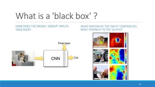 What is a 'black box‘ ?
HOW DOES THE MODEL 'GROUP' INPUTS
TOGETHER?
WHAT PORTION OF THE 'INPUT' CONTRIBUTES
MOST STRONGLY TO THE 'OUTPUT’
24
 