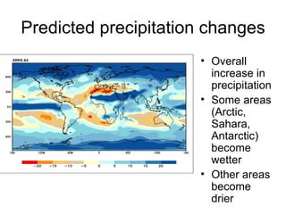 Predicted precipitation changes Overall increase in precipitation Some areas (Arctic, Sahara, Antarctic) become wetter Other areas become drier Annual mean precipitation change:  2071 to 2100 Relative to 1990 Source:  IPCC, 2001 