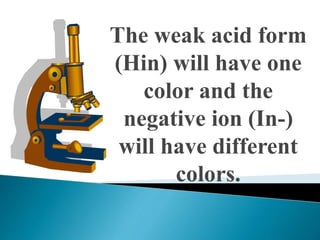 The weak acid form
(Hin) will have one
color and the
negative ion (In-)
will have different
colors.
 
