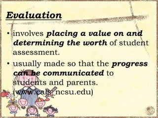 Evaluation
• involves placing a value on and
determining the worth of student
assessment.
• usually made so that the progress
can be communicated to
students and parents.
(www.cals_ncsu.edu)

 