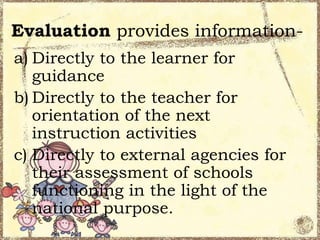Evaluation provides informationa) Directly to the learner for
guidance
b) Directly to the teacher for
orientation of the next
instruction activities
c) Directly to external agencies for
their assessment of schools
functioning in the light of the
national purpose.

 