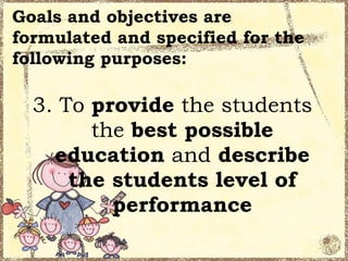 Goals and objectives are
formulated and specified for the
following purposes:

  3. To provide the students
        the best possible
    education and describe
      the students level of
          performance
 