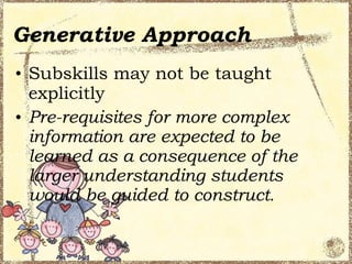 Generative Approach
• Subskills may not be taught
  explicitly
• Pre-requisites for more complex
  information are expected to be
  learned as a consequence of the
  larger understanding students
  would be guided to construct.
 