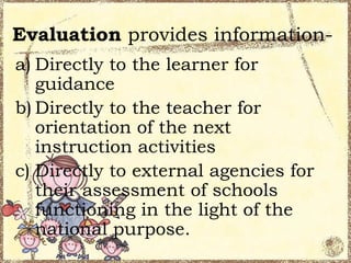 Evaluation provides information-
a) Directly to the learner for
   guidance
b) Directly to the teacher for
   orientation of the next
   instruction activities
c) Directly to external agencies for
   their assessment of schools
   functioning in the light of the
   national purpose.
 