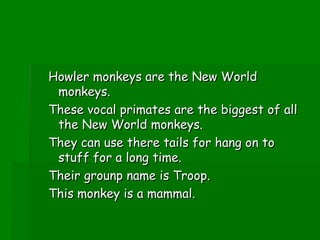 Howler monkeys are the New World monkeys. These vocal primates are the biggest of all the New World monkeys. They can use there tails for hang on to stuff for a long time. Their grounp name is Troop. This monkey is a mammal.