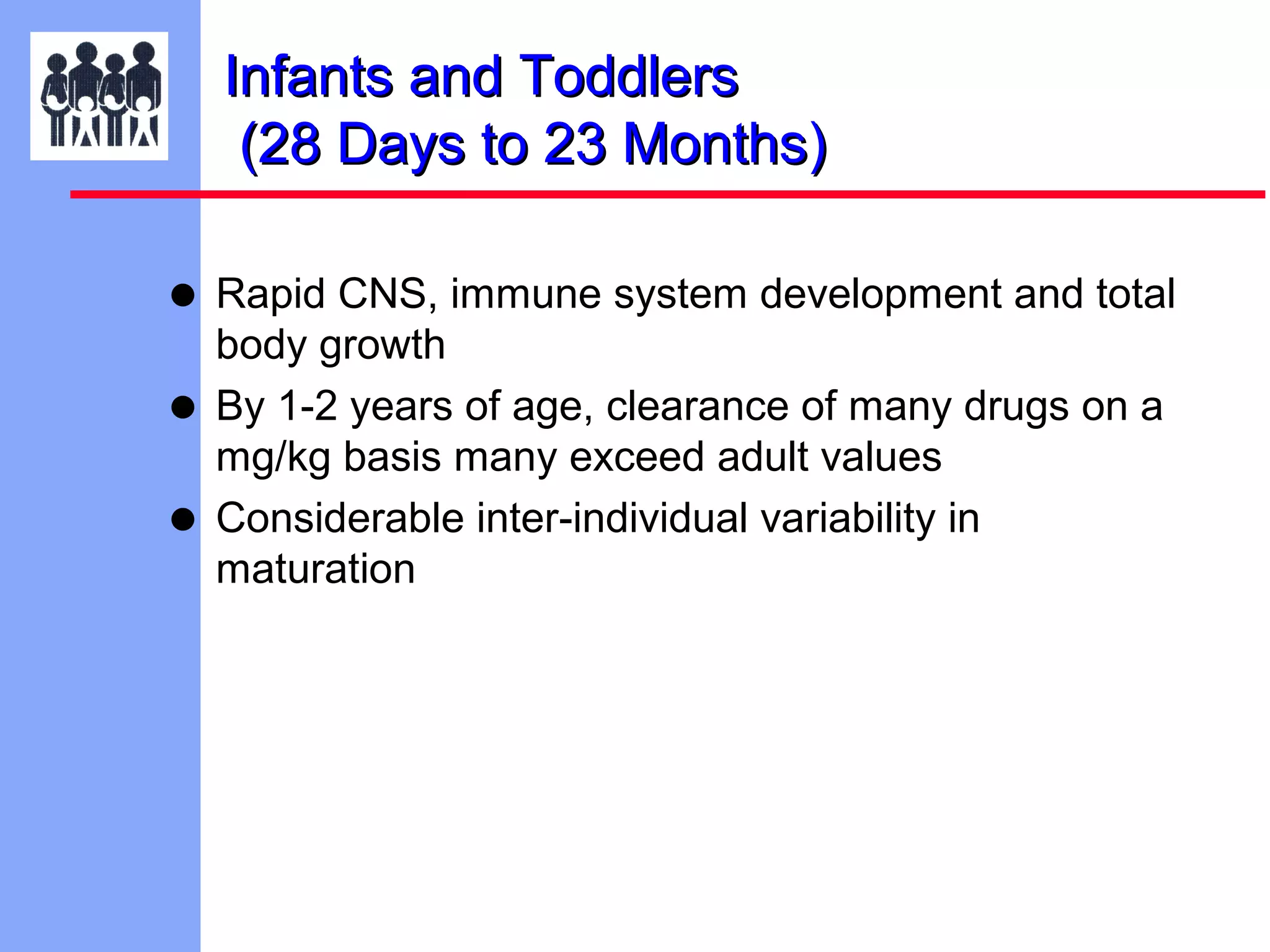 Infants and Toddlers
(28 Days to 23 Months)

• Rapid CNS, immune system development and total
•
•

body growth
By 1-2 years of age, clearance of many drugs on a
mg/kg basis many exceed adult values
Considerable inter-individual variability in
maturation

 
