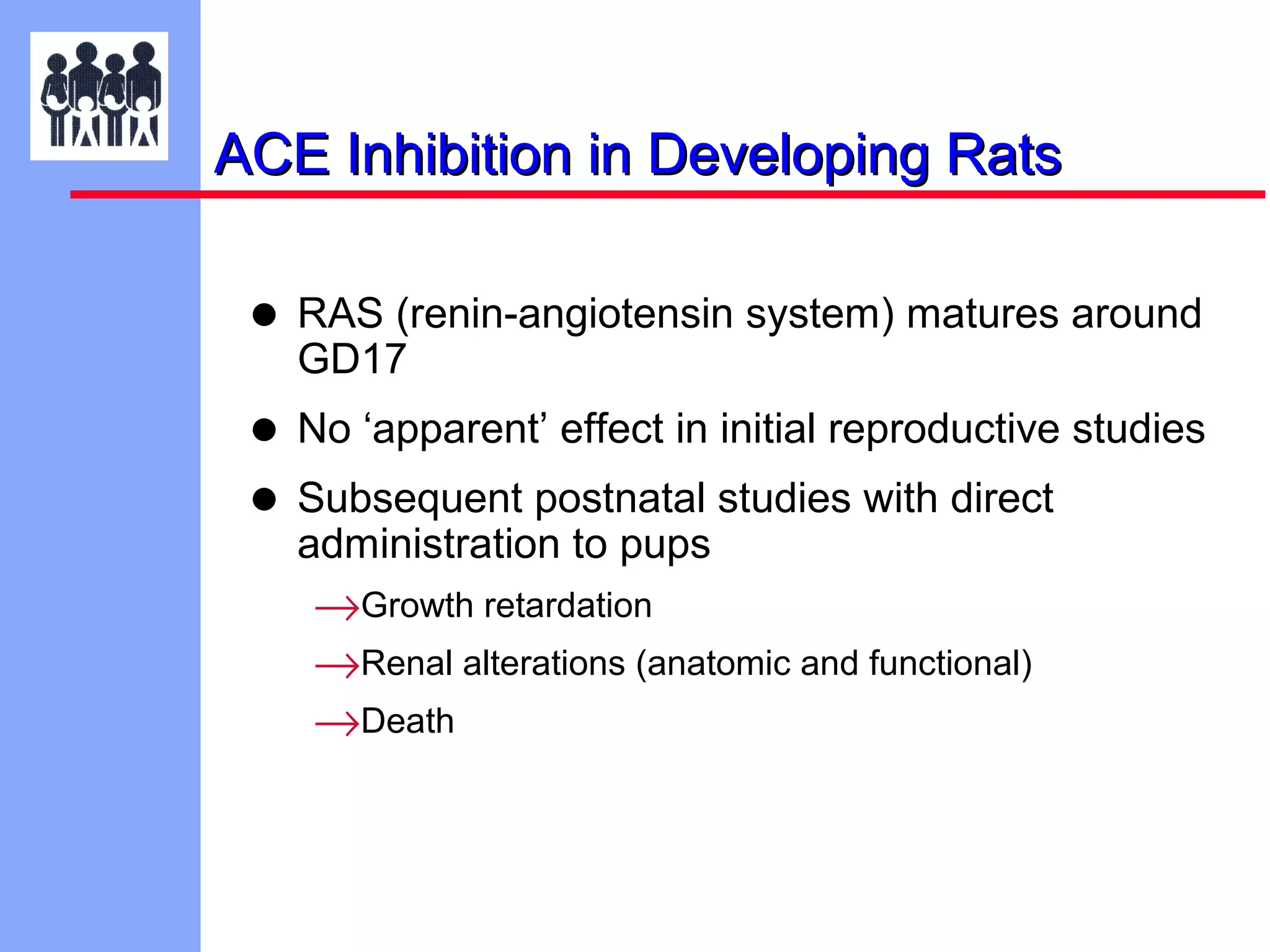 ACE Inhibition in Developing Rats

• RAS (renin-angiotensin system) matures around
GD17

• No ‘apparent’ effect in initial reproductive studies
• Subsequent postnatal studies with direct
administration to pups

→Growth retardation
→Renal alterations (anatomic and functional)
→Death

 