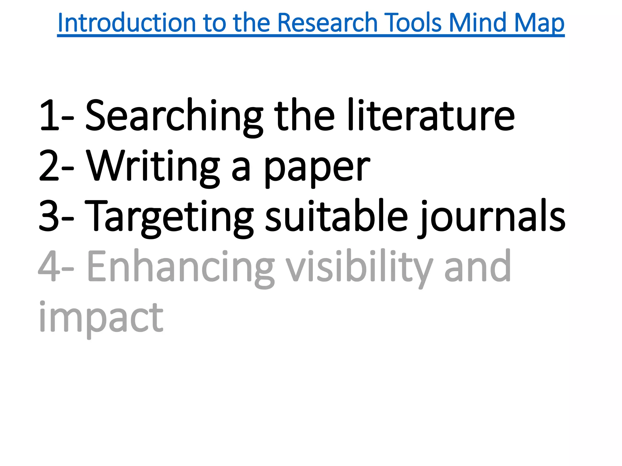 1- Searching the literature
2- Writing a paper
3- Targeting suitable journals
4- Enhancing visibility and
impact
Introduction to the Research Tools Mind Map
 