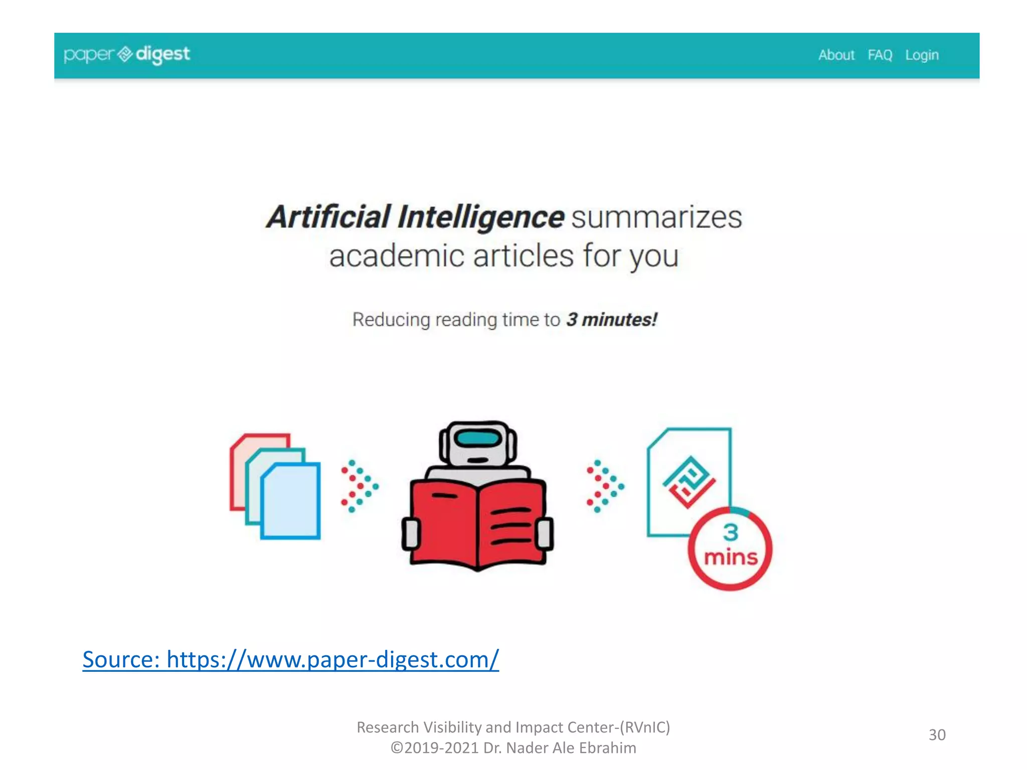 Research Visibility and Impact Center-(RVnIC)
©2019-2021 Dr. Nader Ale Ebrahim
Source: https://www.paper-digest.com/
30
 
