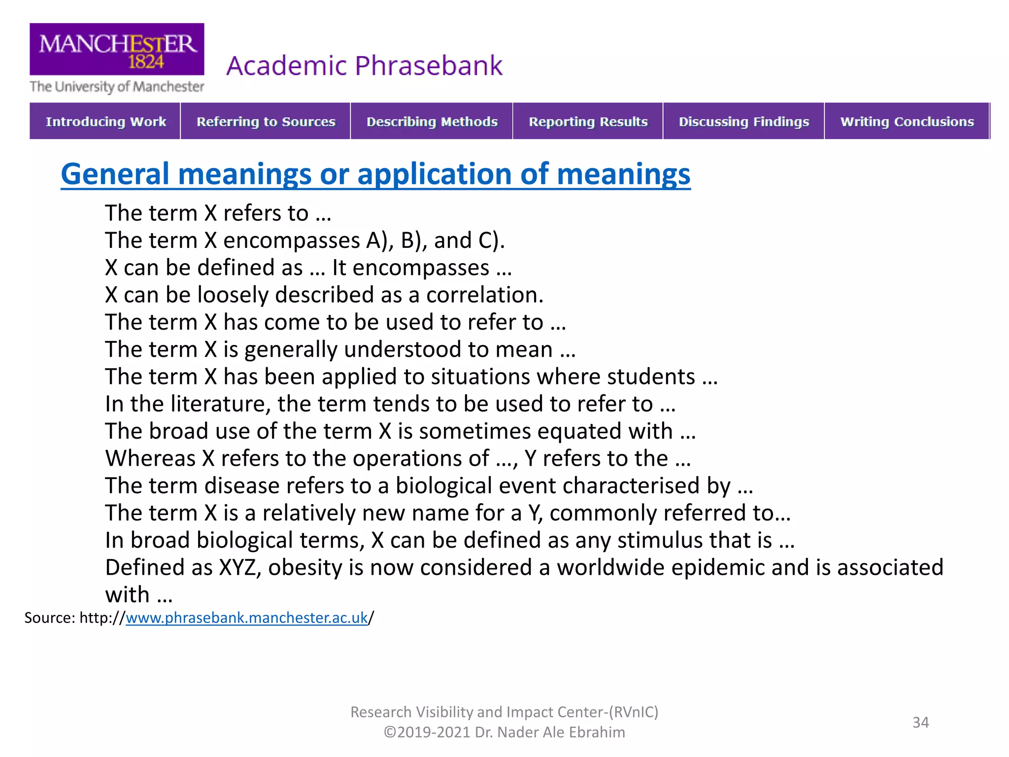 General meanings or application of meanings
The term X refers to …
The term X encompasses A), B), and C).
X can be defined as … It encompasses …
X can be loosely described as a correlation.
The term X has come to be used to refer to …
The term X is generally understood to mean …
The term X has been applied to situations where students …
In the literature, the term tends to be used to refer to …
The broad use of the term X is sometimes equated with …
Whereas X refers to the operations of …, Y refers to the …
The term disease refers to a biological event characterised by …
The term X is a relatively new name for a Y, commonly referred to…
In broad biological terms, X can be defined as any stimulus that is …
Defined as XYZ, obesity is now considered a worldwide epidemic and is associated
with …
Research Visibility and Impact Center-(RVnIC)
©2019-2021 Dr. Nader Ale Ebrahim
Source: http://www.phrasebank.manchester.ac.uk/
34
 