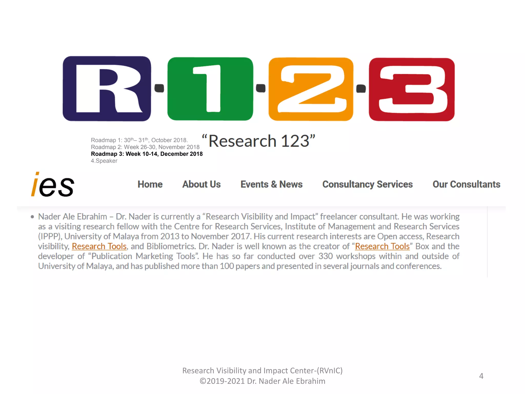 Research Visibility and Impact Center-(RVnIC)
©2019-2021 Dr. Nader Ale Ebrahim
Roadmap 1: 30th– 31th, October 2018.
Roadmap 2: Week 26-30, November 2018
Roadmap 3: Week 10-14, December 2018
4.Speaker
4
 