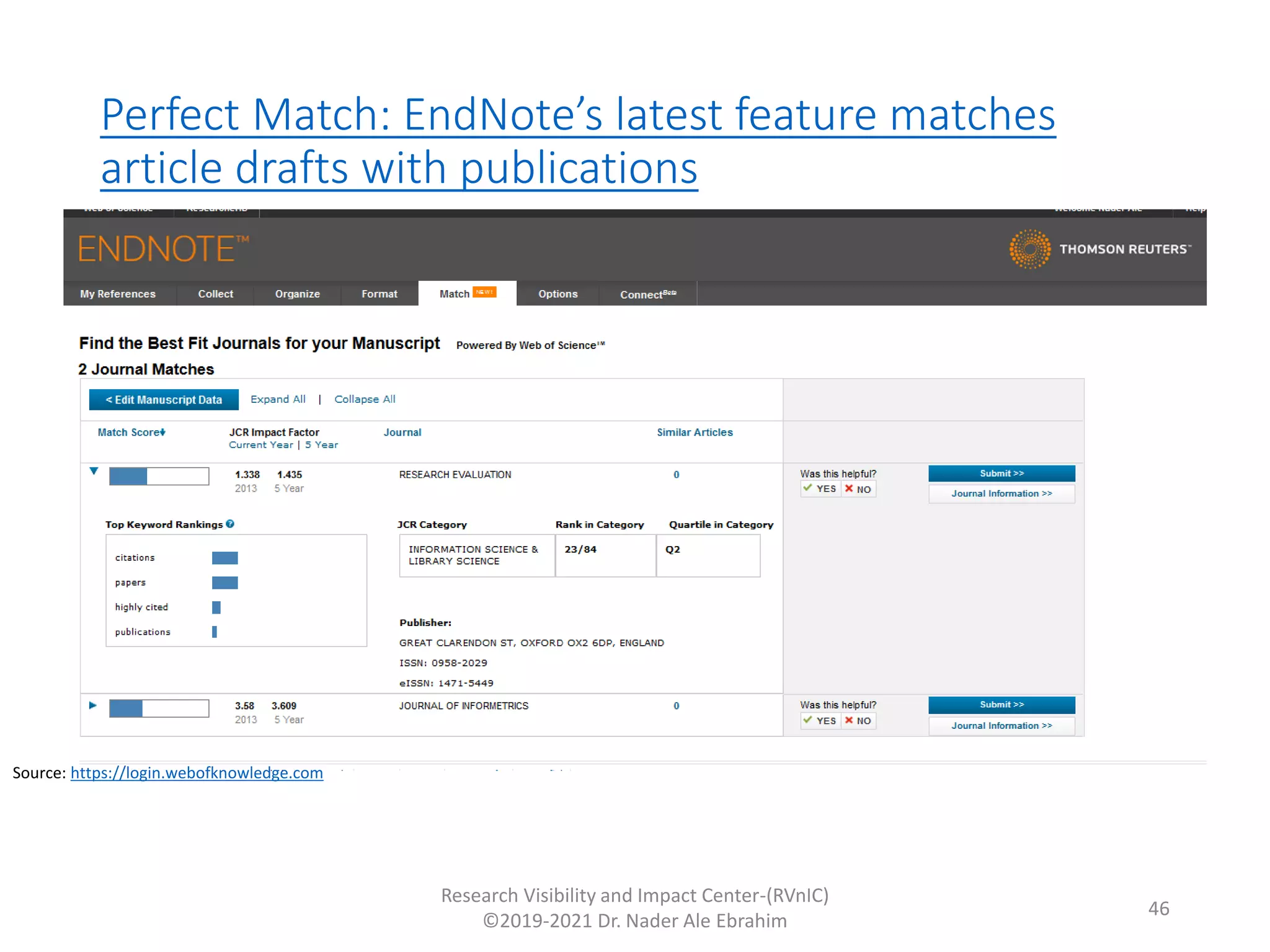 Perfect Match: EndNote’s latest feature matches
article drafts with publications
Research Visibility and Impact Center-(RVnIC)
©2019-2021 Dr. Nader Ale Ebrahim
Source: https://login.webofknowledge.com
46
 