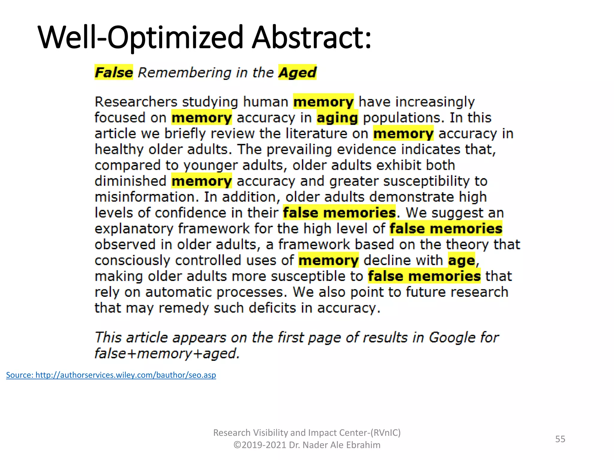 Well-Optimized Abstract:
Research Visibility and Impact Center-(RVnIC)
©2019-2021 Dr. Nader Ale Ebrahim
Source: http://authorservices.wiley.com/bauthor/seo.asp
55
 