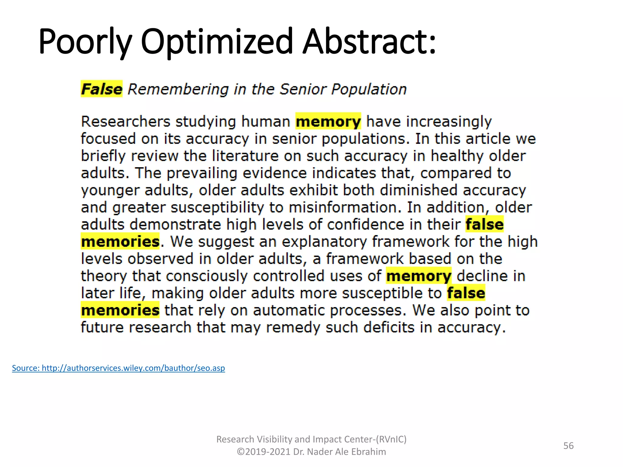 Poorly Optimized Abstract:
Research Visibility and Impact Center-(RVnIC)
©2019-2021 Dr. Nader Ale Ebrahim
Source: http://authorservices.wiley.com/bauthor/seo.asp
56
 