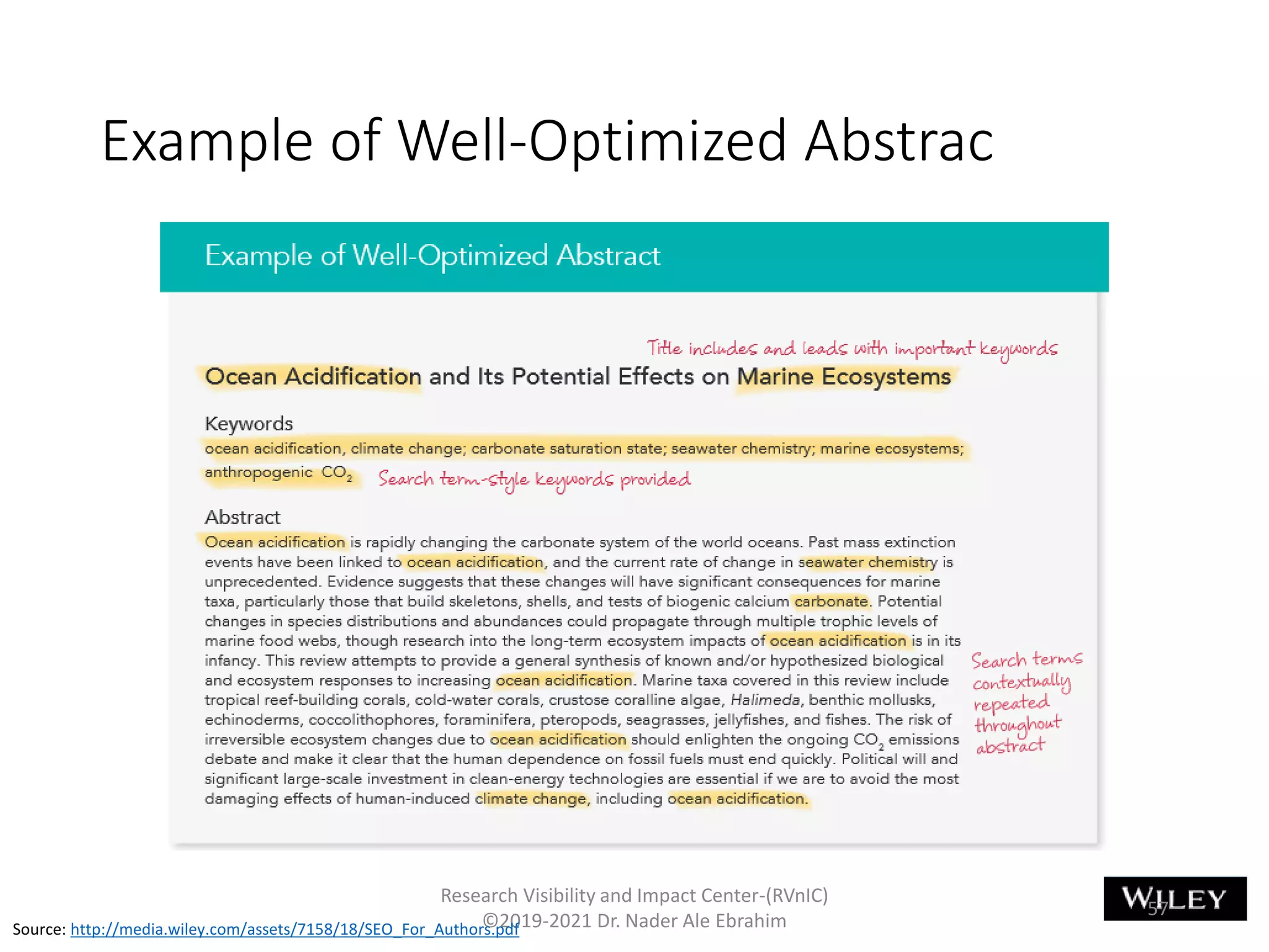Example of Well-Optimized Abstrac
Research Visibility and Impact Center-(RVnIC)
©2019-2021 Dr. Nader Ale EbrahimSource: http://media.wiley.com/assets/7158/18/SEO_For_Authors.pdf
57
 