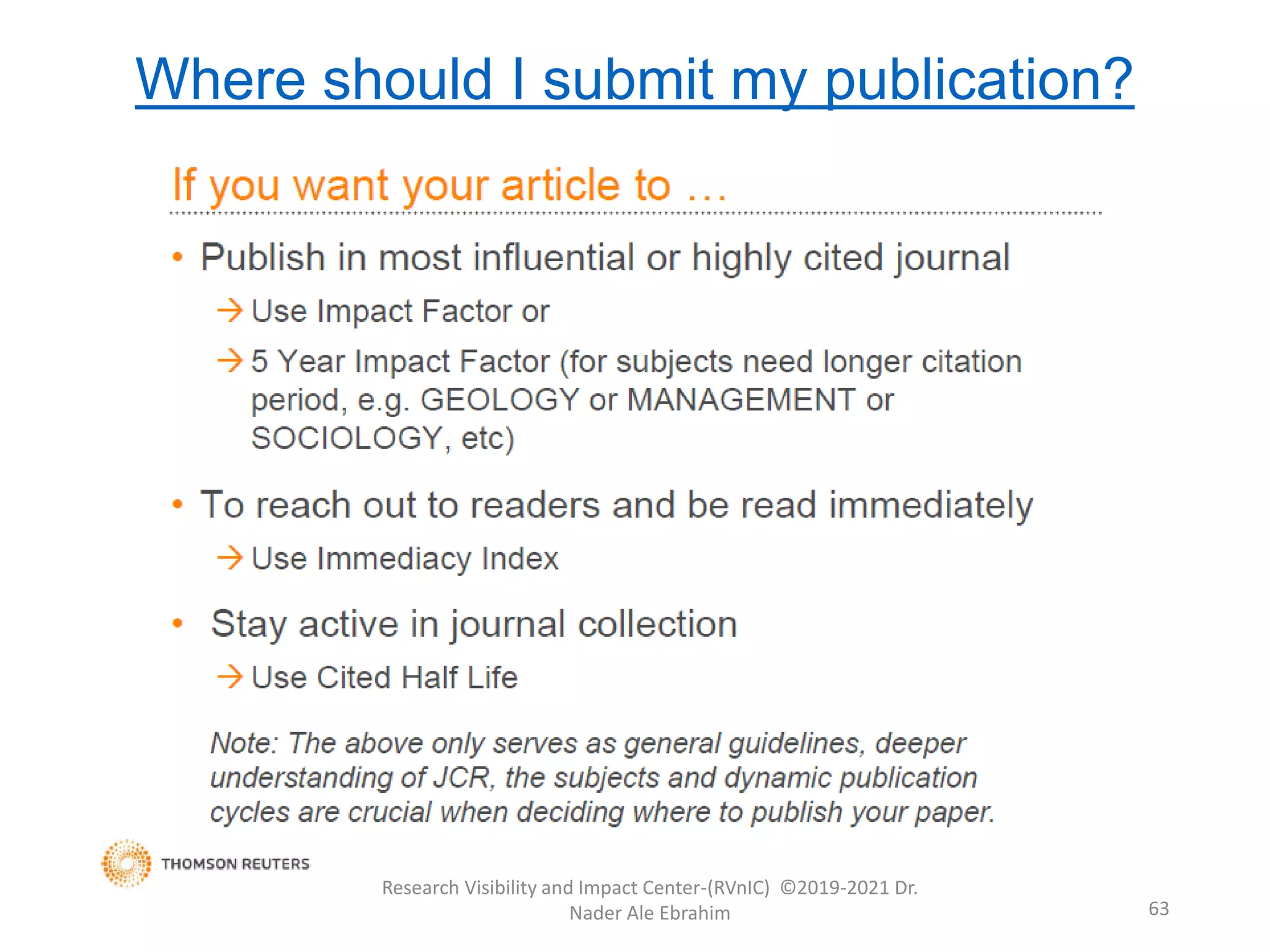 Where should I submit my publication?
Research Visibility and Impact Center-(RVnIC) ©2019-2021 Dr.
Nader Ale Ebrahim 63
 
