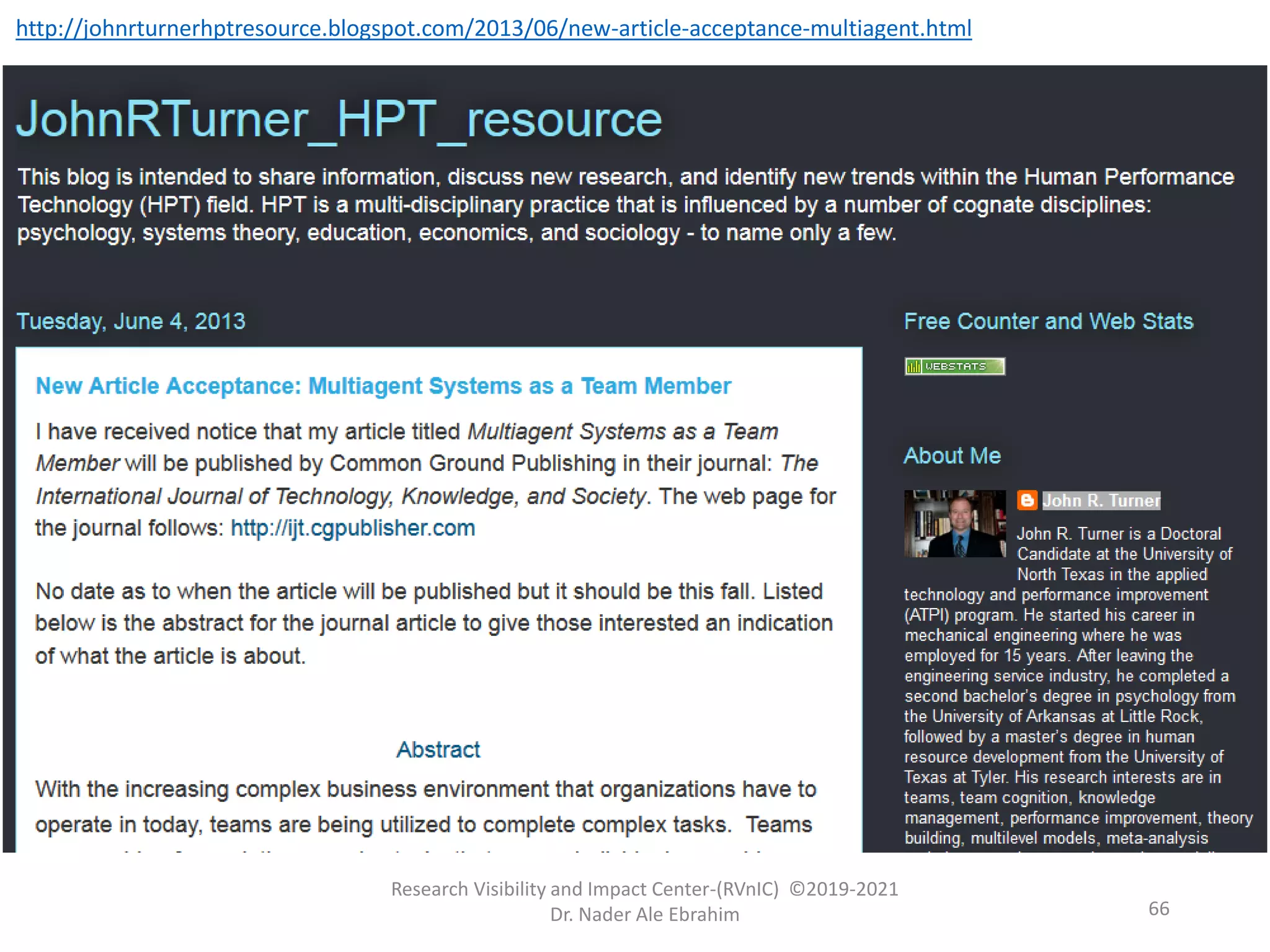Research Visibility and Impact Center-(RVnIC) ©2019-2021
Dr. Nader Ale Ebrahim
http://johnrturnerhptresource.blogspot.com/2013/06/new-article-acceptance-multiagent.html
66
 