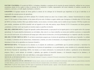 ESCUDO Y BANDERA: El escudo del SENA y la bandera, diseñados a comienzos de la creación de nuestra institución, reflejan los tres sectores
económicos dentro de los cuales se ubica el accionar de la institución: el piñón, representativo del sector industria; el caduceo, asociado al de
comercio y servicios; y el café, ligado al primario y extractivo.
LOGOTIPO: El logotipo muestra de forma gráfica la síntesis de los enfoques de la formación que impartimos en la que el individuo es el
responsable de su propio proceso de aprendizaje.
HIMNO O CORO: Estudiantes del SENA adelante Por Colombia luchad con amor Con el ánimo noble y radiante Transformémosla en mundo
mejor O I De la patria el futuro destino, en las manos del joven está, el trabajo es seguro camino, que el progreso a Colombia dará. O II En la forja
del SENA se forman, hombres libres que anhelan triunfar, con la ciencia y la técnica unidas, nuevos rumbos de paz trazarán. O III Hoy la patria nos
grita sentida, ¡estudiantes del SENA triunfad! solo así lograréis en la vida, más justicia, mayor libertad. O IV O Avancemos con fuerza guerrera,
¡estudiantes con firme tesón! que la patria en nosotros espera, su pacífica revolución.
ROL DEL APRENDIZ SENA: El papel del aprendiz cambia drásticamente, ya que pasa de ser un agente pasivo a ser un agente activo de su propio
aprendizaje. Es él quien planifica diariamente sus actividades, elije como lo va a hacer, planifica sus tareas pero también su proceso; es responsable
de su nivel de motivación, de la utilización del tiempo pero sobre todo de la dirección y nivel de profundidad que va a imprimir cada día a sus tareas.
ROL DEL TUTOR VIRTUAL SENA: Es un factor esencial para asegurar que el entorno de aprendizaje sea favorable para el aprendiz. La calidad,
la variedad y la dinámica de las interacciones, orientaciones y tutorías, así como el entusiasmo y la consagración del tutor, son fundamentales para
determinar el éxito de los aprendices en el proceso formativo.
BIENESTAR SENA: "El bienestar de los alumnos es el conjunto de condiciones y posibilidades que les permiten potenciar y maximizar los
conocimientos, las competencias que se desarrollan en el proceso de aprendizaje y en su participación, como miembro de la comunidad educativa
del Servicio Nacional de Aprendizaje, SENA. Así mismo, es el marco referencial y la construcción de saberes y quehaceres en las dimensiones
psíquica, física y social además, de actitudes y aptitudes, que apunten al desarrollo humano, a la formación integral de los alumnos y al
mejoramiento de su calidad de vida como individuos y como grupo institucional. O
FRENTES DE ACCIÓN BIENESTAR SENA: O Salud O Desarrollo intelectual O Consejería y orientación O Promoción socioeconómica O Recreación y deporte O Información y comunicación
O Protección y servicios institucionales.
SISTEMA DE ADMINISTRACIÓN DEL APRENDIZAJE: Gestionar usuarios, recursos así como materiales y actividades de la información, realizar evaluaciones, general informes, desarrollar
actividades didácticas, gestionar servicios de comunicación como foros de discusión, mensajería interna, correo electrónico y secciones en línea.
SOFIA PLUS: El portal del ofertas educativa del SENA según los requerimientos del desarrollo nacional y regional. A través del portal se puede inscribir en carreras técnicas y tecnologías
presenciales, cursos cortos presenciales, cursos virtuales y cursos de ingles.
 