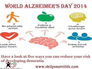 World Alzheimer’s dAy 2014 
Have a look at five ways you can reduce your risk 
of developing dementia 
www.shilpsnutrilife.com 
 