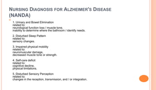 NURSING DIAGNOSIS FOR ALZHEIMER'S DISEASE
(NANDA)

1. Urinary and Bowel Elimination
related to:
neurological function loss / muscle tone,
inability to determine where the bathroom / identify needs.
2. Disturbed Sleep Pattern
related to:
sensory changes.
3. Impaired physical mobility
related to:
neuromuscular damage,
decreased muscle tone or strength.
4. Self-care deficit
related to:
cognitive decline,
physical limitations.
5. Disturbed Sensory Perception
related to:
changes in the reception, transmission, and / or integration.
 