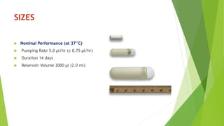 SIZES
 Nominal Performance (at 37°C)
 Pumping Rate 5.0 µl/hr (± 0.75 µl/hr)
 Duration 14 days
 Reservoir Volume 2000 µl (2.0 ml)
 