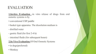 EVALUATION
1.Invitro Evaluation -in vitro release of drugs from oral
osmotic systems is by
• conventional USP paddle
• basket type apparatus. The dissolution medium is
- distilled water
- gastric fluid (for first 2-4 h)
- intestinal fluids (for subsequent hours)
2.In Vivo Evaluation Of Oral Osmotic Systems
• in dogs(preferred)
• Monkey
 