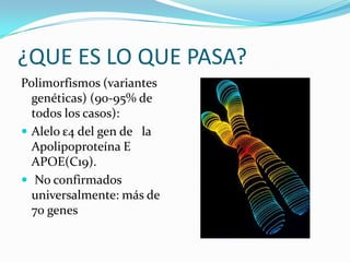 ¿QUE ES LO QUE PASA?Polimorfismos (variantes genéticas) (90-95% de todos los casos):Alelo ε4 del gen de   la Apolipoproteína E APOE(C19). No confirmados universalmente: más de 70 genes