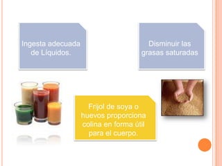 Ingesta adecuada                       Disminuir las
   de Líquidos.                      grasas saturadas




                     Frijol de soya o
                   huevos proporciona
                   colina en forma útil
                     para el cuerpo.
 