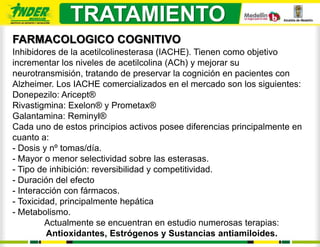 TRATAMIENTO
FARMACOLOGICO COGNITIVO
Inhibidores de la acetilcolinesterasa (IACHE). Tienen como objetivo
incrementar los niveles de acetilcolina (ACh) y mejorar su
neurotransmisión, tratando de preservar la cognición en pacientes con
Alzheimer. Los IACHE comercializados en el mercado son los siguientes:
Donepezilo: Aricept®
Rivastigmina: Exelon® y Prometax®
Galantamina: Reminyl®
Cada uno de estos principios activos posee diferencias principalmente en
cuanto a:
- Dosis y nº tomas/día.
- Mayor o menor selectividad sobre las esterasas.
- Tipo de inhibición: reversibilidad y competitividad.
- Duración del efecto
- Interacción con fármacos.
- Toxicidad, principalmente hepática
- Metabolismo.
         Actualmente se encuentran en estudio numerosas terapias:
         Antioxidantes, Estrógenos y Sustancias antiamiloides.
 