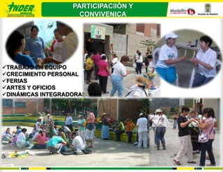PARTICIPACIIÓN Y
                     CONVIVENICA




TRABAJO EN EQUIPO
CRECIMIENTO PERSONAL
FERIAS
ARTES Y OFICIOS
DINÁMICAS INTEGRADORAS
 