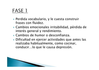 Perdida vocabulario, y le cuesta construir
frases con fluidez.
Cambios emocionales irritabilidad, pérdida de
interés general y rendimiento.
Cambios de humor o desconfianza.
Dificultad en ejercer actividades que antes las
realizaba habitualmente, como cocinar,
conducir…lo que le causa depresión.
 