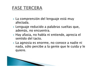La comprensión del lenguaje está muy
afectada.
Lenguaje reducido a palabras sueltas que,
además, no encuentra.
Hay afasia, no habla ni entiende, aprecia el
sentido del tacto.
La agnosia es enorme, no conoce a nadie ni
nada, sólo percibe a la gente que le cuida y le
quiere.
 
