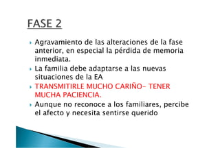 Agravamiento de las alteraciones de la fase
anterior, en especial la pérdida de memoria
inmediata.
La familia debe adaptarse a las nuevas
situaciones de la EA
TRANSMITIRLE MUCHO CARIÑO- TENER
MUCHA PACIENCIA.
Aunque no reconoce a los familiares, percibe
el afecto y necesita sentirse querido
 