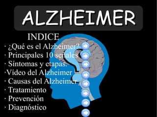 ALZHEIMERALZHEIMER
INDICE
· ¿Qué es el Alzheimer?
· Principales 10 señales
· Síntomas y etapas.
·Vídeo del Alzheimer
· Causas del Alzheimer
· Tratamiento
· Prevención
· Diagnóstico
 