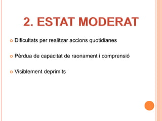 Dificultats per realitzar accions quotidianes
 Pèrdua de capacitat de raonament i comprensió
 Visiblement deprimits
 