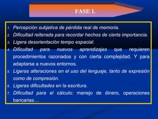1. Percepción subjetiva de pérdida real de memoria.
2. Dificultad reiterada para recordar hechos de cierta importancia.
3. Ligera desorientación tempo espacial.
4. Dificultad para nuevos aprendizajes que requieren
procedimientos razonados y con cierta complejidad. Y para
adaptarse a nuevos entornos.
5. Ligeras alteraciones en el uso del lenguaje, tanto de expresión
como de compresión.
6. Ligeras dificultades en la escritura.
7. Dificultad para el cálculo: manejo de dinero, operaciones
bancarias…
FASE I.
 