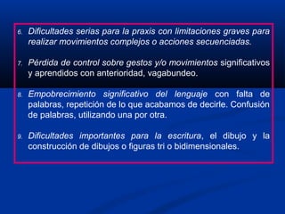 6. Dificultades serias para la praxis con limitaciones graves para
realizar movimientos complejos o acciones secuenciadas.
7. Pérdida de control sobre gestos y/o movimientos significativos
y aprendidos con anterioridad, vagabundeo.
8. Empobrecimiento significativo del lenguaje con falta de
palabras, repetición de lo que acabamos de decirle. Confusión
de palabras, utilizando una por otra.
9. Dificultades importantes para la escritura, el dibujo y la
construcción de dibujos o figuras tri o bidimensionales.
 