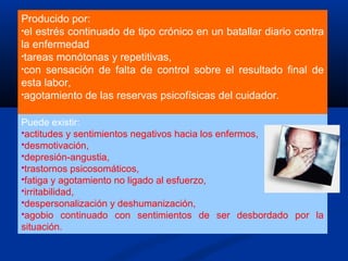 Producido por:
•el estrés continuado de tipo crónico en un batallar diario contra
la enfermedad
•tareas monótonas y repetitivas,
•con sensación de falta de control sobre el resultado final de
esta labor,
•agotamiento de las reservas psicofísicas del cuidador.
Puede existir:
actitudes y sentimientos negativos hacia los enfermos,
desmotivación,
depresión-angustia,
trastornos psicosomáticos,
fatiga y agotamiento no ligado al esfuerzo,
irritabilidad,
despersonalización y deshumanización,
agobio continuado con sentimientos de ser desbordado por la
situación.
 